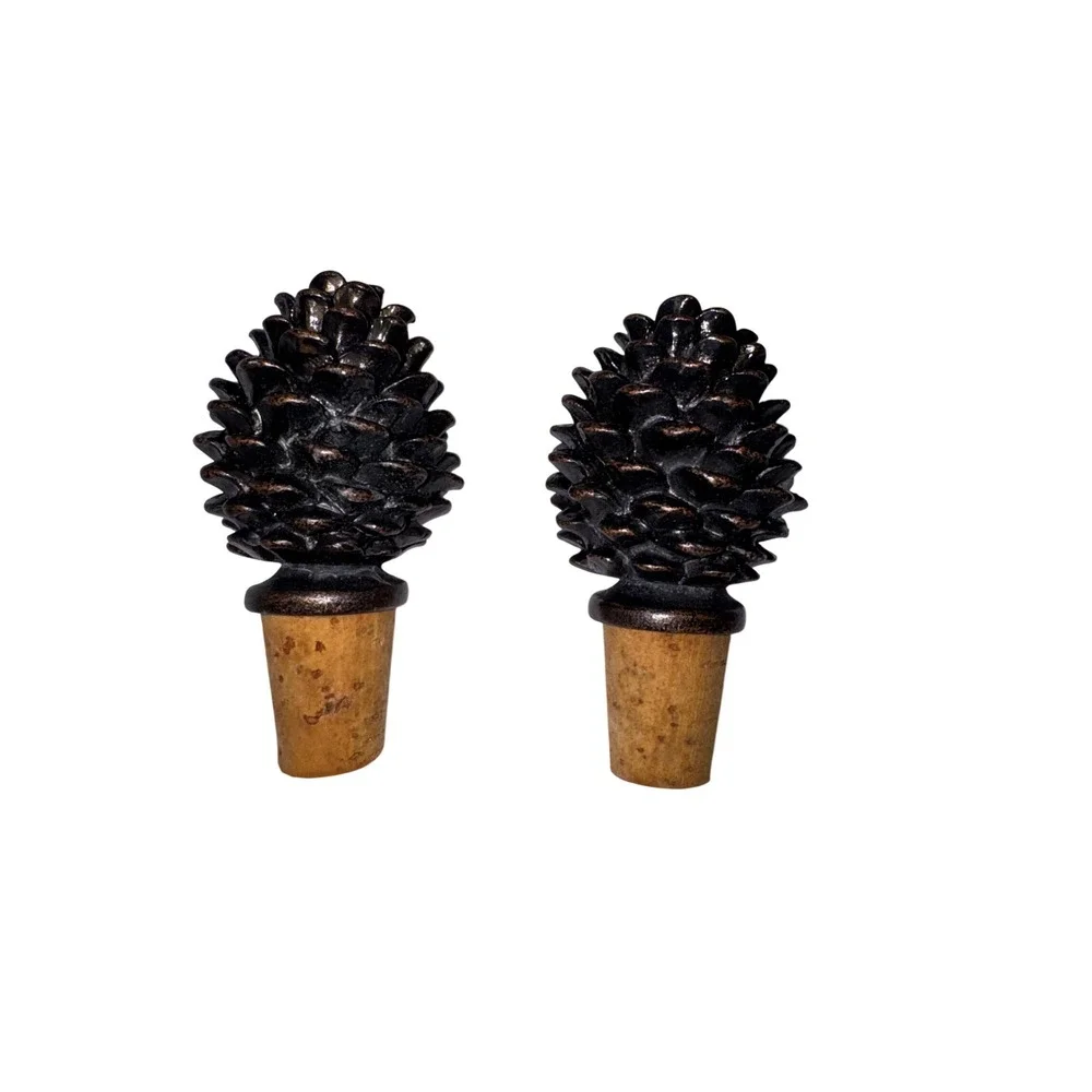 Set of 2 Wine Bottle Stopper Bronze Pinecone Resin Cork Rustic Cabin Decor
